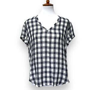 🍀 Cloth & Stone Gingham Plaid Woven V-Neck Top Navy Blue White Women's Medium